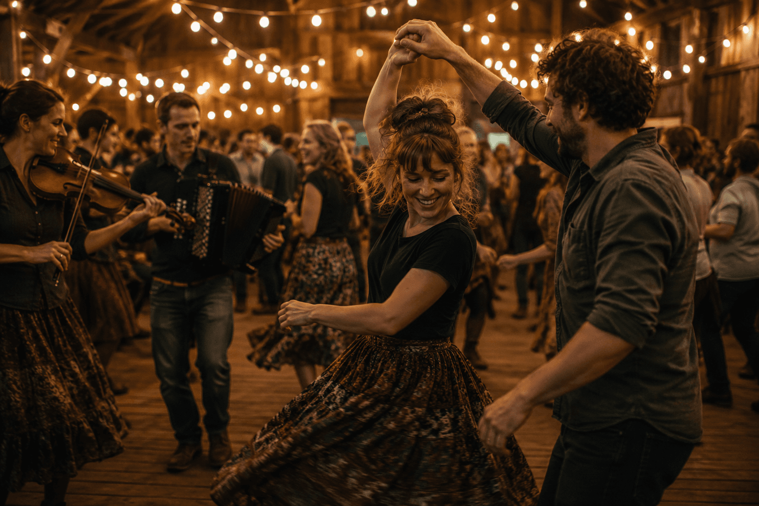 Festivalgæster danser til levende folkemusik i en stemningsfyldt lade med lyskæder, mens en violinist og en harmonikaspiller spiller